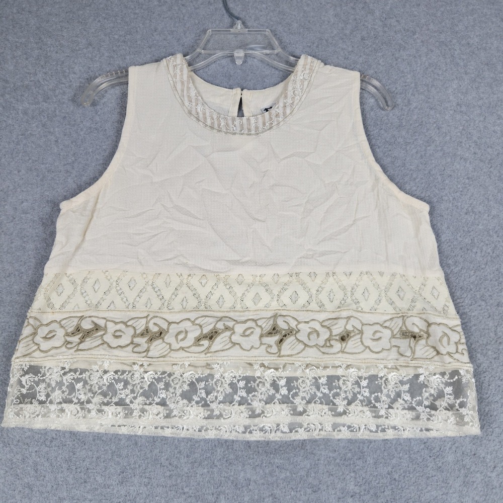 Faith by Celia Forrester Tank Top Womens Large Cream Lace Embroidered Boho Gauze